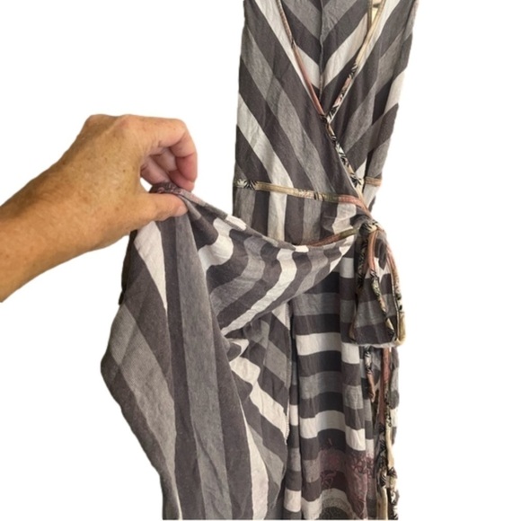 NWOT Free People Gray White Striped and Pink Floral Wrap Print Hippie Wrap Dress - Picture 6 of 16